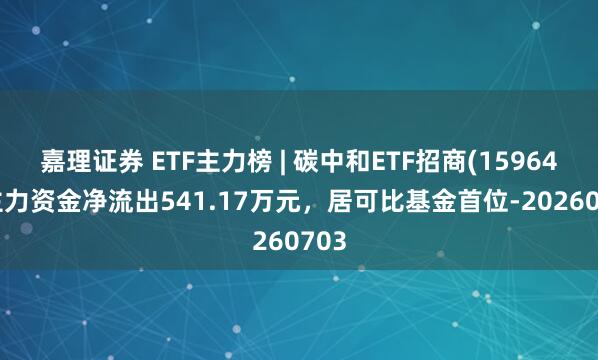 嘉理证券 ETF主力榜 | 碳中和ETF招商(159641)主力资金净流出541.17万元，居可比基金首位-20260703